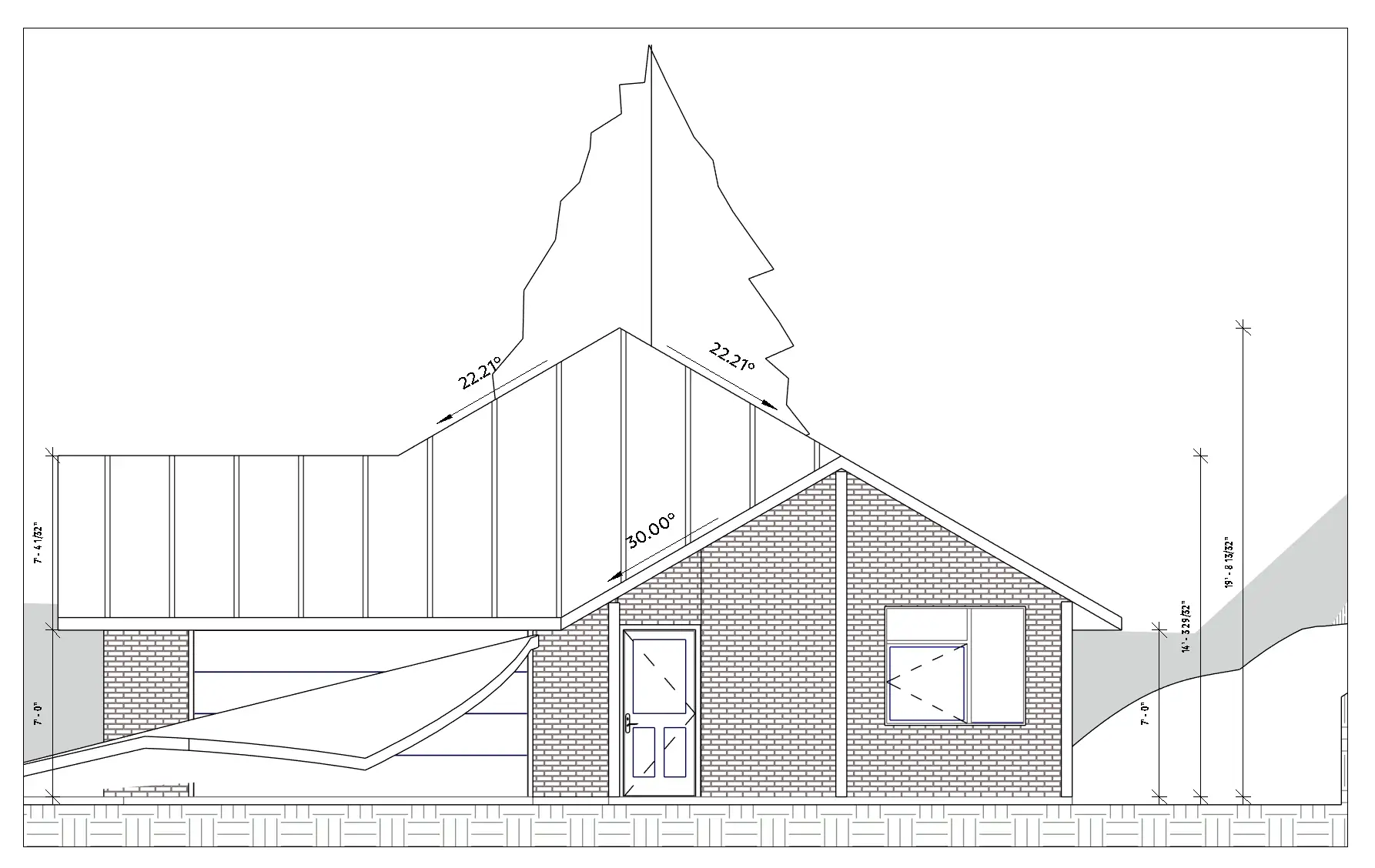 Gable-end elevation of a three-bedroom hillside bungalow, showing the 30-degree entry gable, window openings, and the finished grade line across a sloping lot.