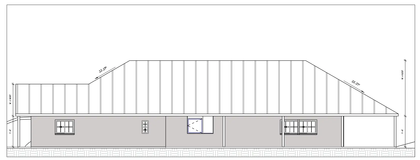 Side elevation of the hillside bungalow showing the 22.21-degree hip roof over the main volume and the carport tucked into the low side of the slope.