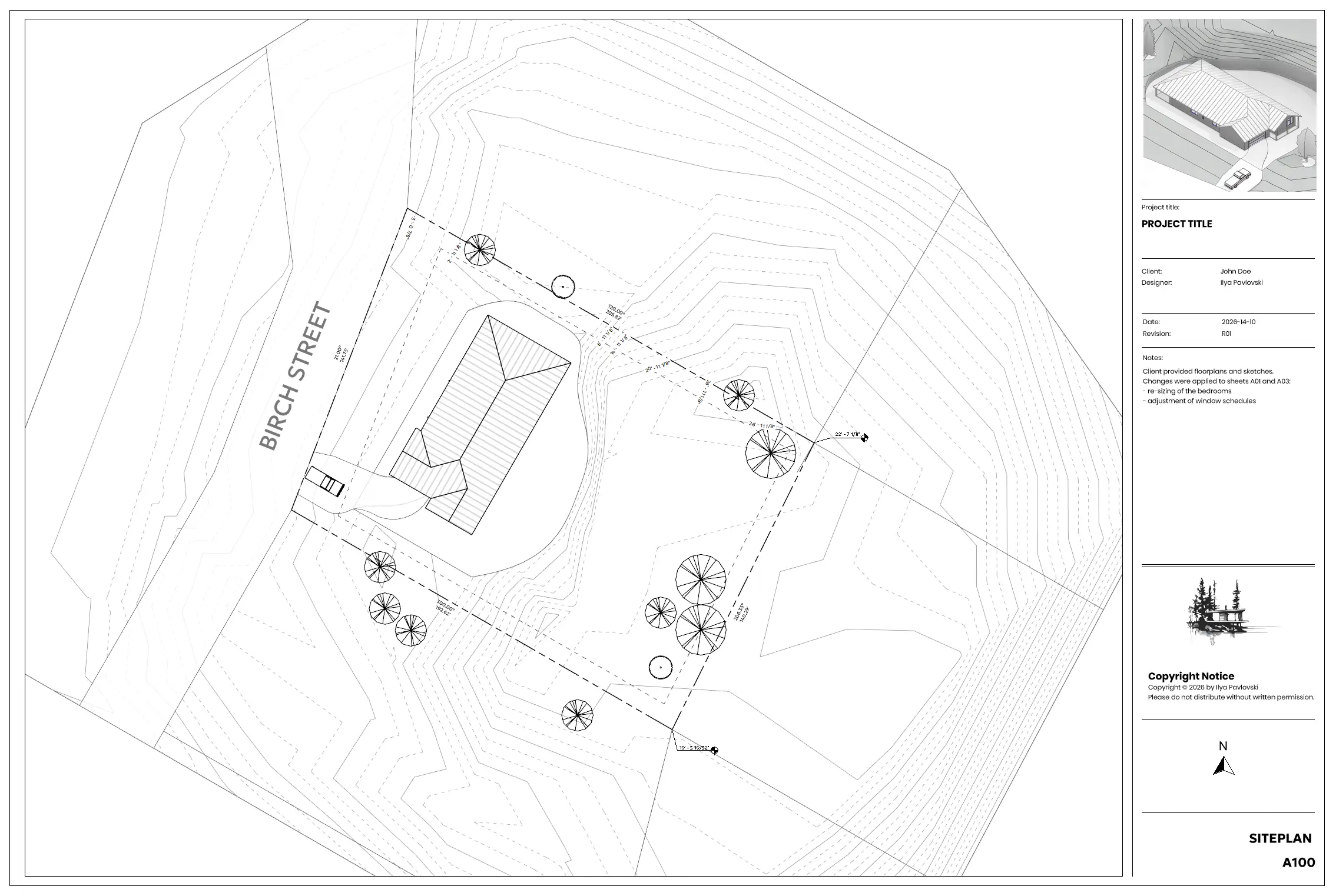 Site plan for the hillside bungalow with contour lines, tree survey, dimensioned setbacks, and the driveway cut up from the street.